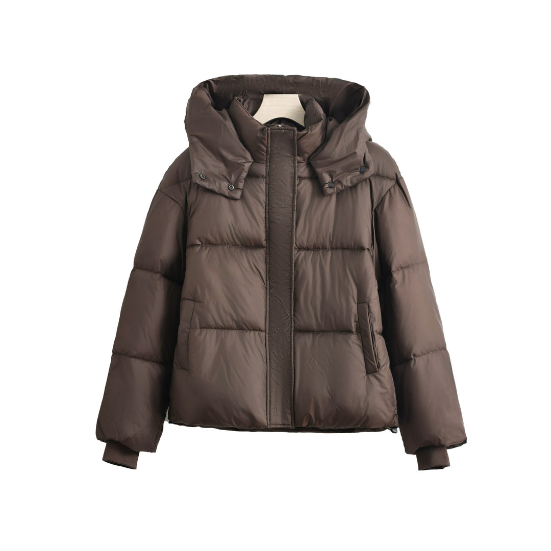Women's short microfiber puffer jacket with removable collar padding and drawstring hem