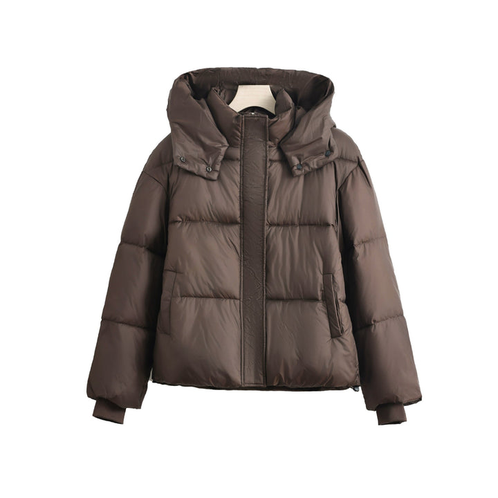 Women's short microfiber puffer jacket with removable collar padding and drawstring hem