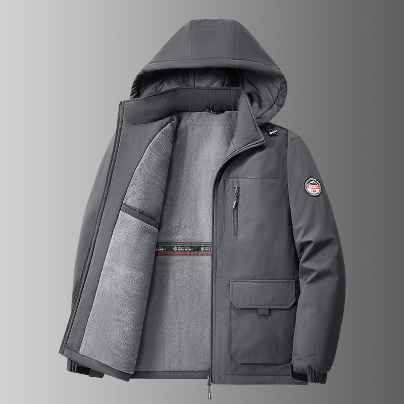 Men’s lined softshell winter jacket with hood and multifunctional pockets