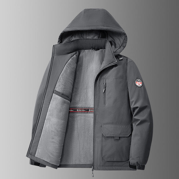 Men’s lined softshell winter jacket with hood and multifunctional pockets