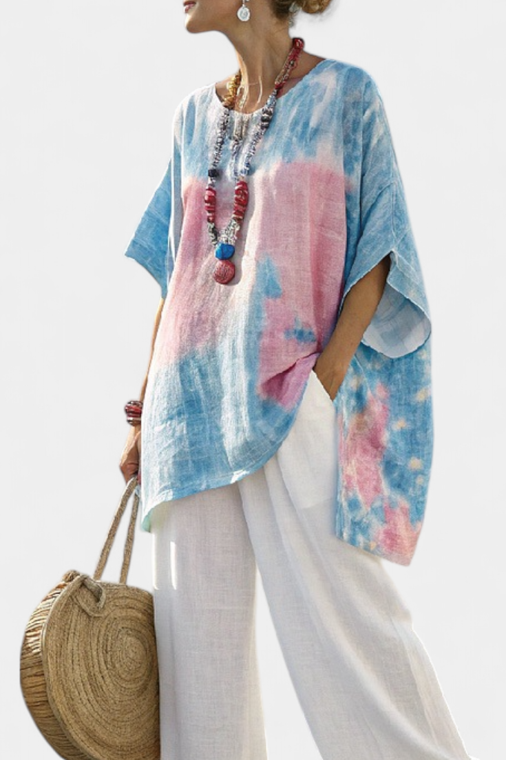 Valentina – Top in comfortable, essential linen and striped bamboo trousers