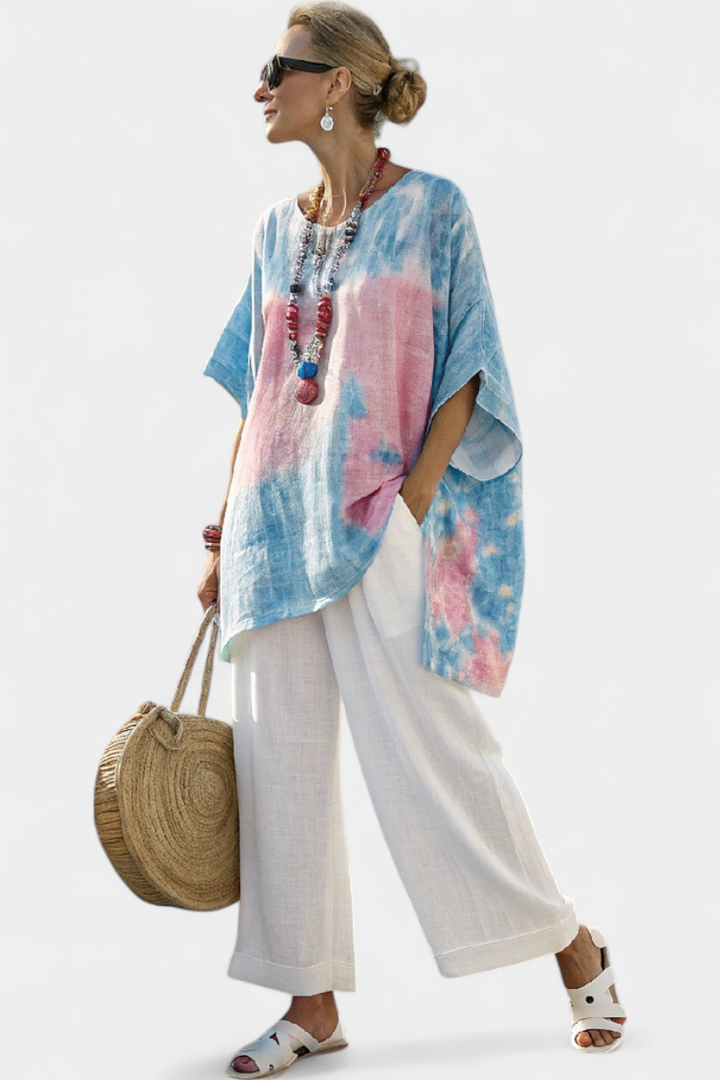 Valentina – Top in comfortable, essential linen and striped bamboo trousers