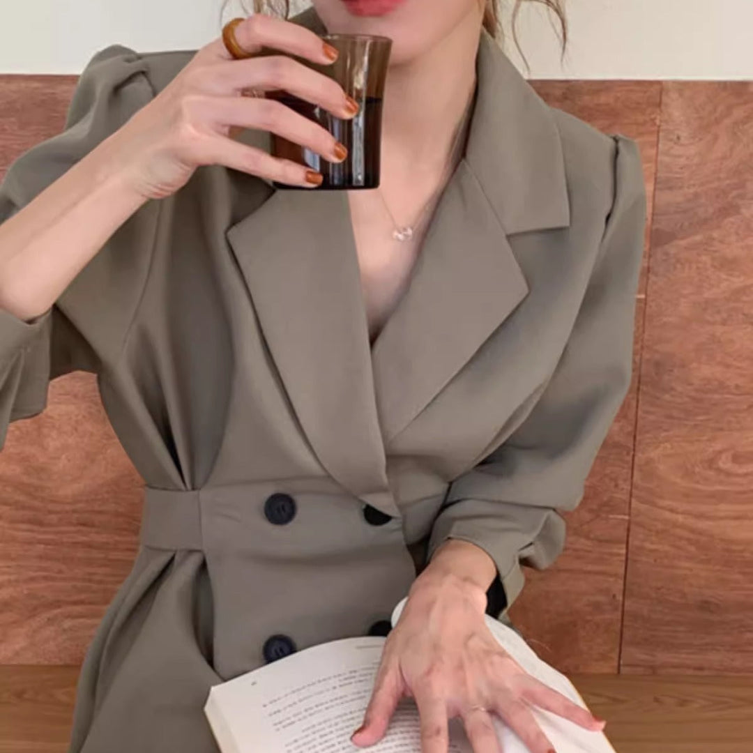 Women's double-breasted blazer dress with puff sleeves and long lapels