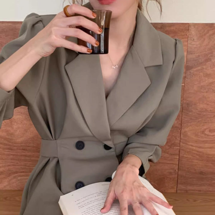 Women's double-breasted blazer dress with puff sleeves and long lapels