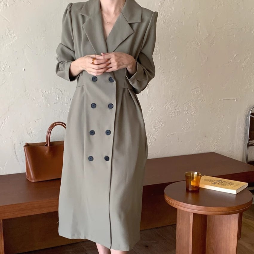 Women's double-breasted blazer dress with puff sleeves and long lapels