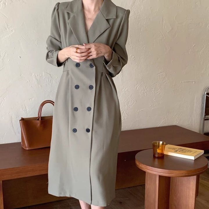 Women's double-breasted blazer dress with puff sleeves and long lapels