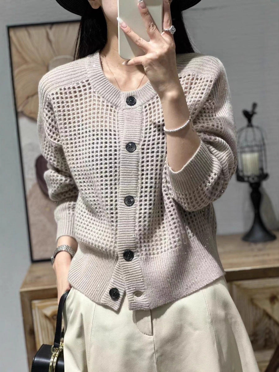 Women's mesh cardigan with a round neckline, button placket, and long sleeves