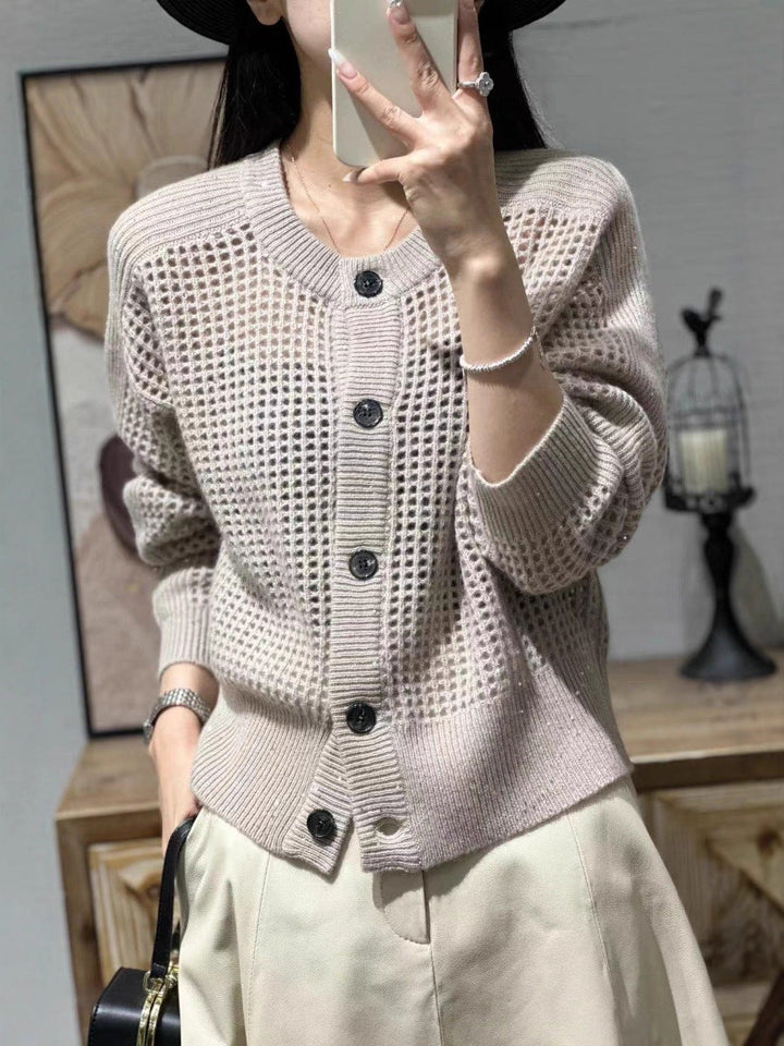 Women's mesh cardigan with a round neckline, button placket, and long sleeves