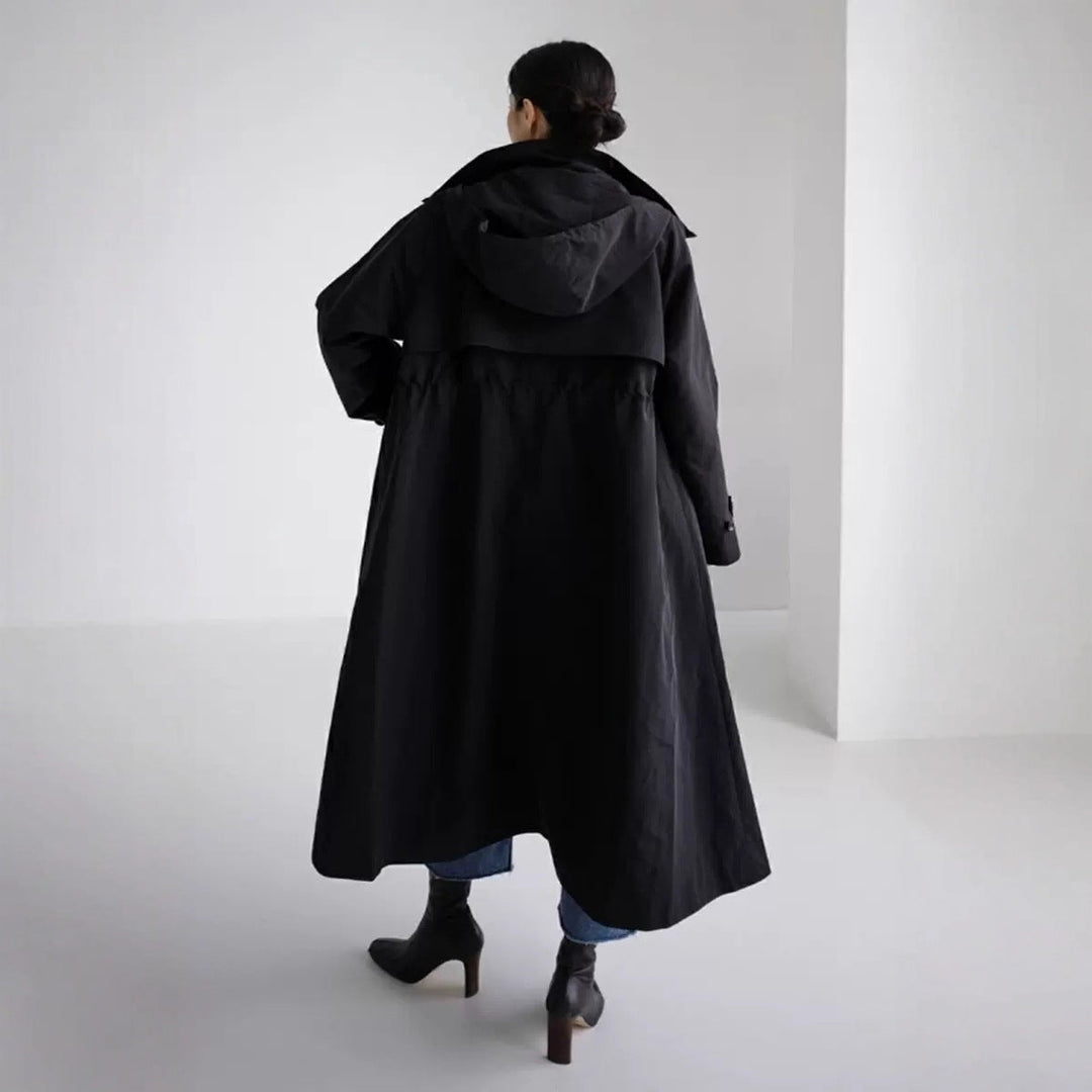 Women’s oversized maxi-length coat with hood and cape yoke