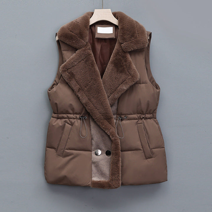 Women's quilted vest with a faux-fur shawl collar and adjustable drawstring waist
