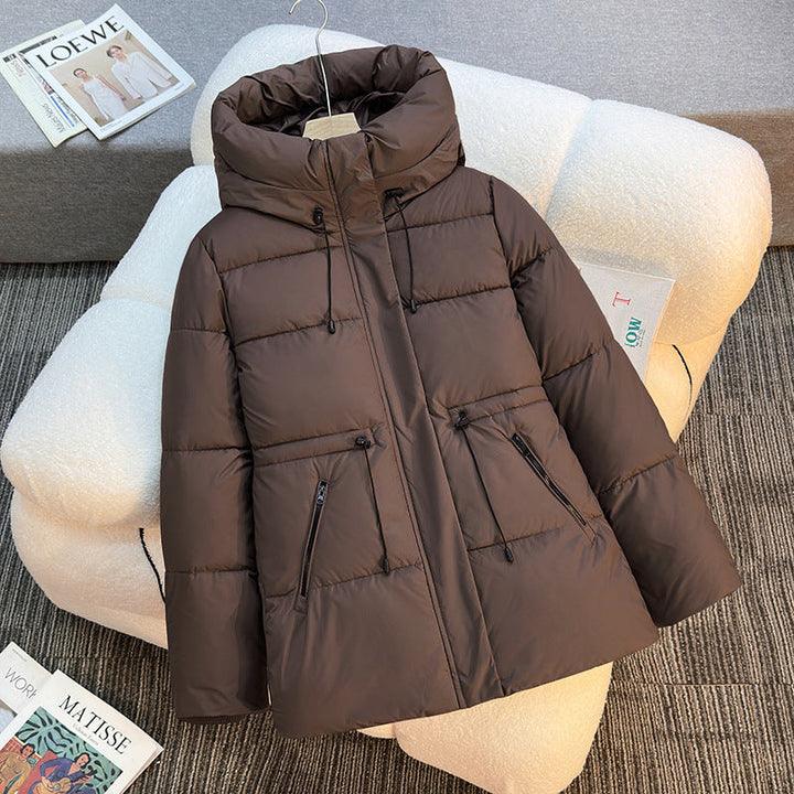 Women’s short padded hooded jacket with a high stand-up collar and drawstring
