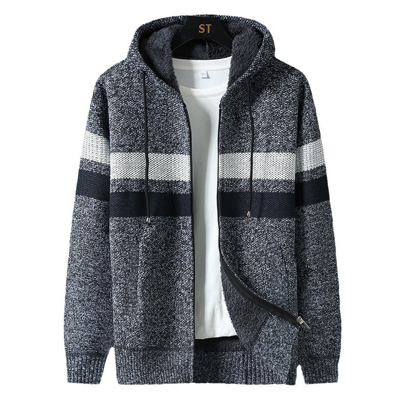 Men's Striped Hooded Jacket with Drawstring and Pockets