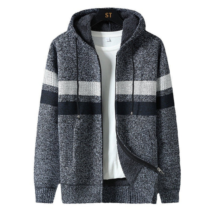 Men's Striped Hooded Jacket with Drawstring and Pockets