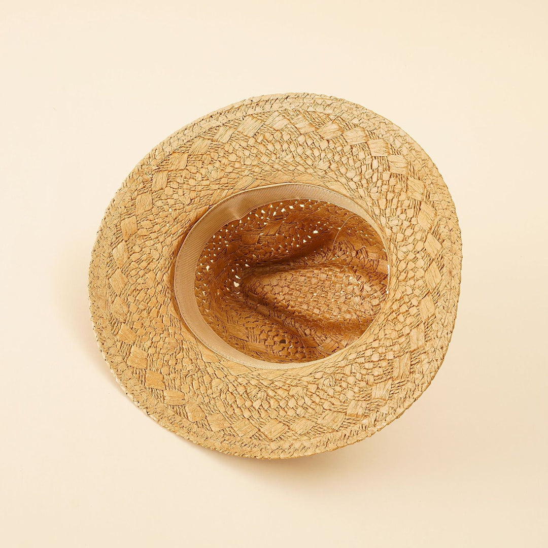 Damen Strohhut im Fedora-Stil mit breiter Krempe und elegantem Band