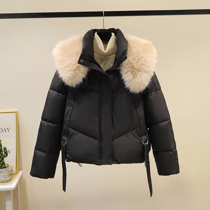 Women’s short quilted puffer jacket with a voluminous faux-fur collar and waist belt