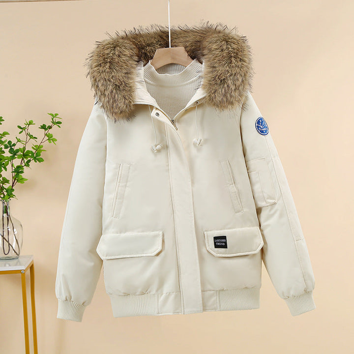 Women’s padded bomber jacket with detachable faux-fur hood and ribbed cuffs