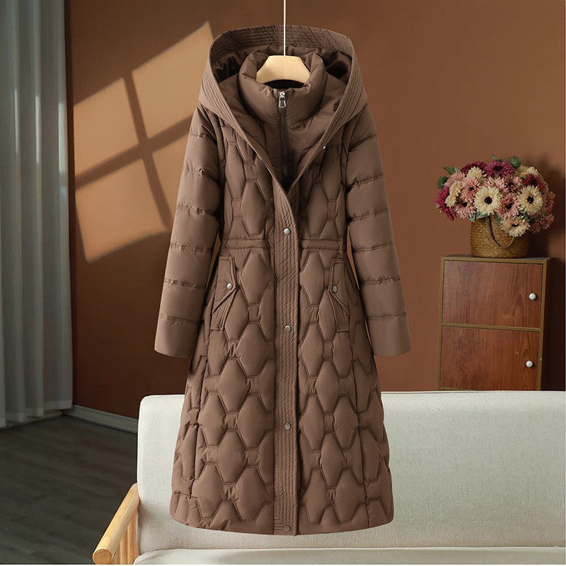 Women’s long quilted winter coat with a hood and fitted silhouette