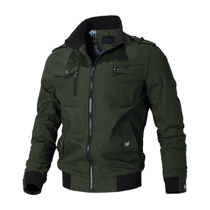 Men’s durable canvas bomber jacket with epaulettes and zip-front closure