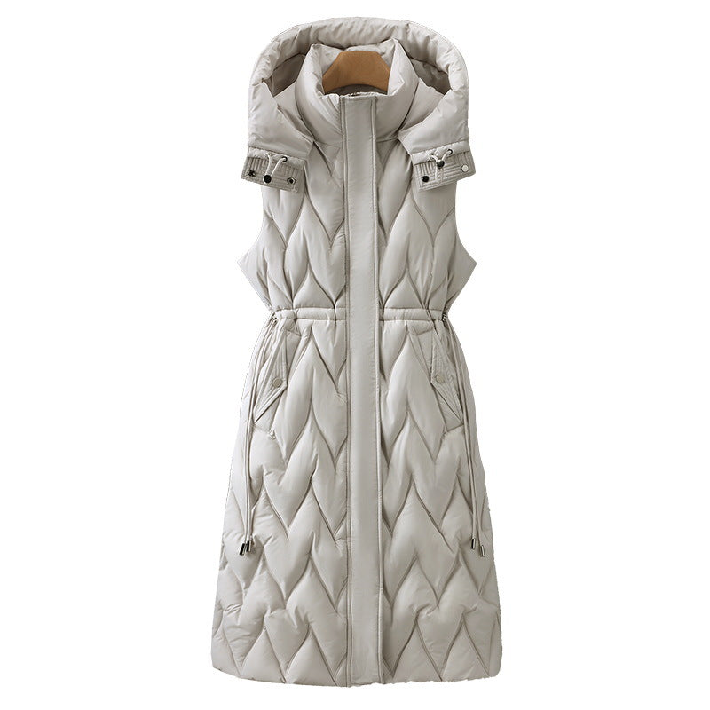 Women's long sleeveless quilted vest with hood and adjustable drawstring waist