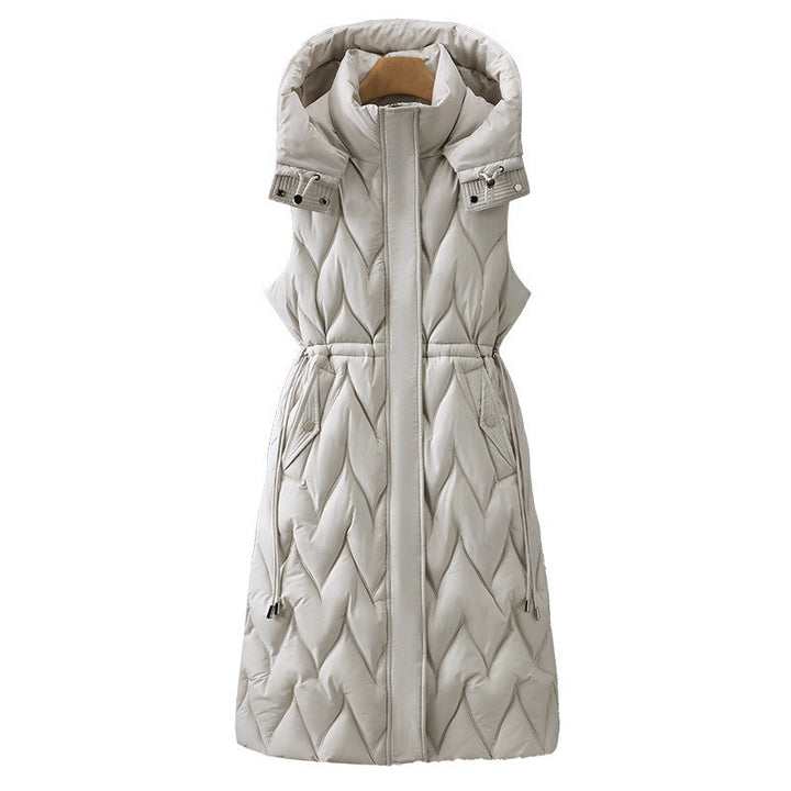 Women's long sleeveless quilted vest with hood and adjustable drawstring waist