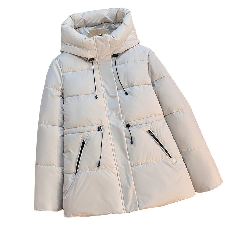 Women’s short padded hooded jacket with a high stand-up collar and drawstring