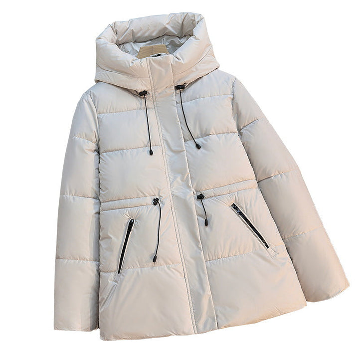Women’s short padded hooded jacket with a high stand-up collar and drawstring