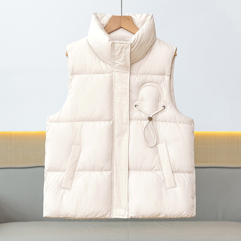 Women’s lightweight quilted padded vest with a high stand-up collar and cord trim