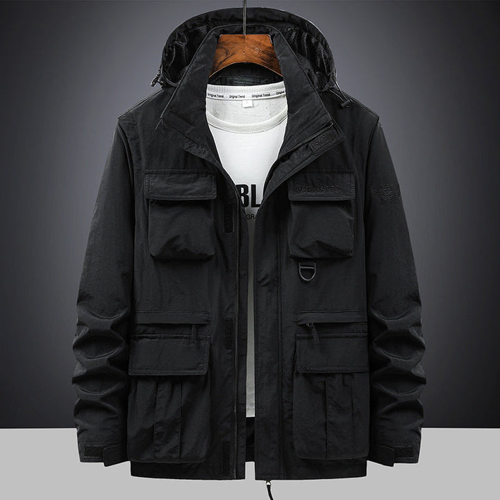 Men's multifunctional field jacket with hood and pockets