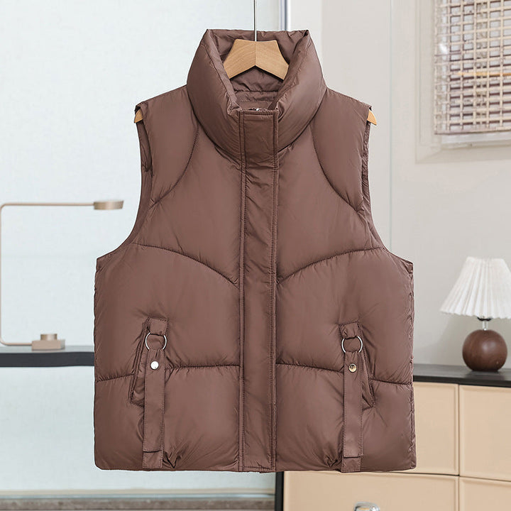 Women's padded quilted vest with a high stand-up collar and decorative ring loops