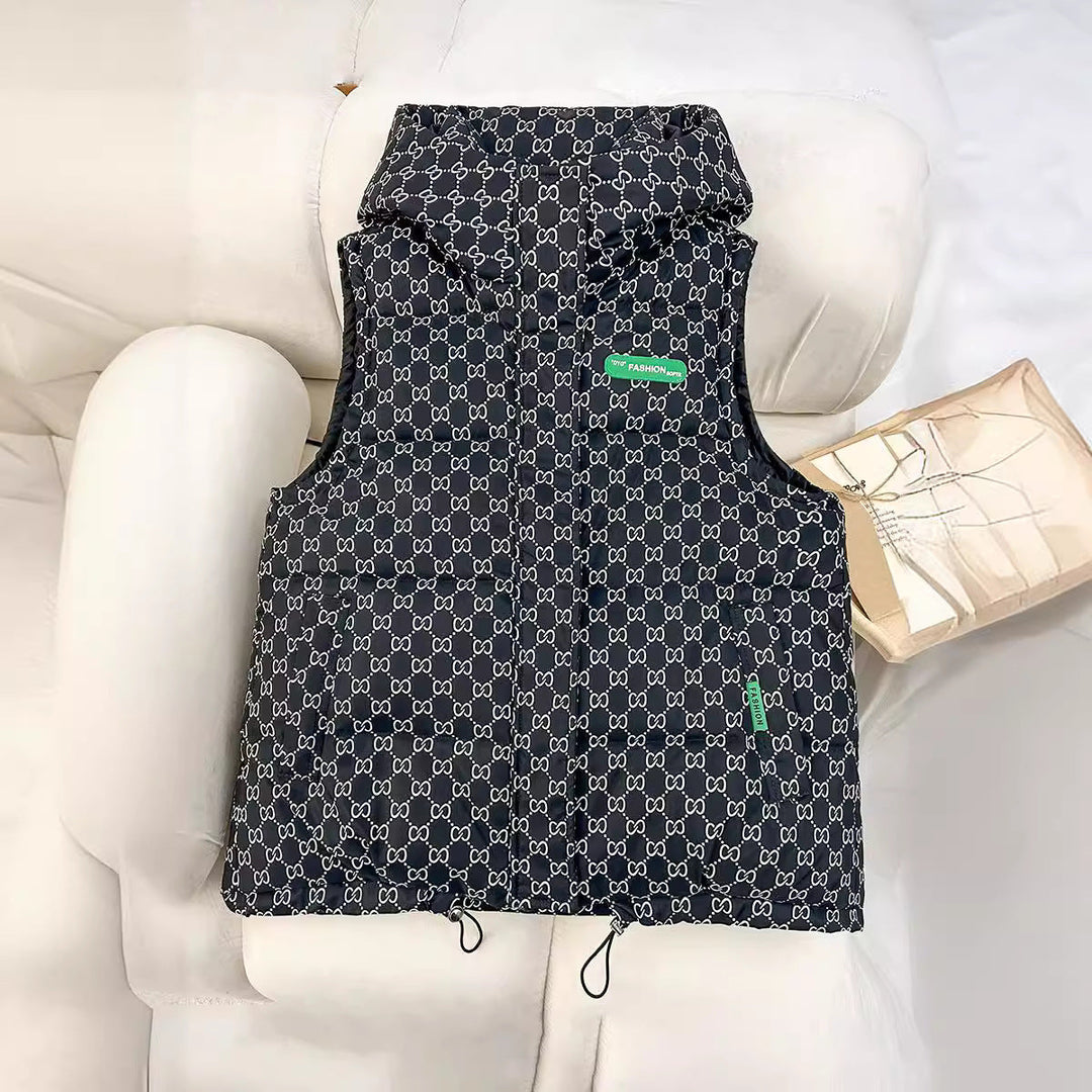 Women's quilted hooded vest with all-over logo print, padded insulation, and adjustable hem