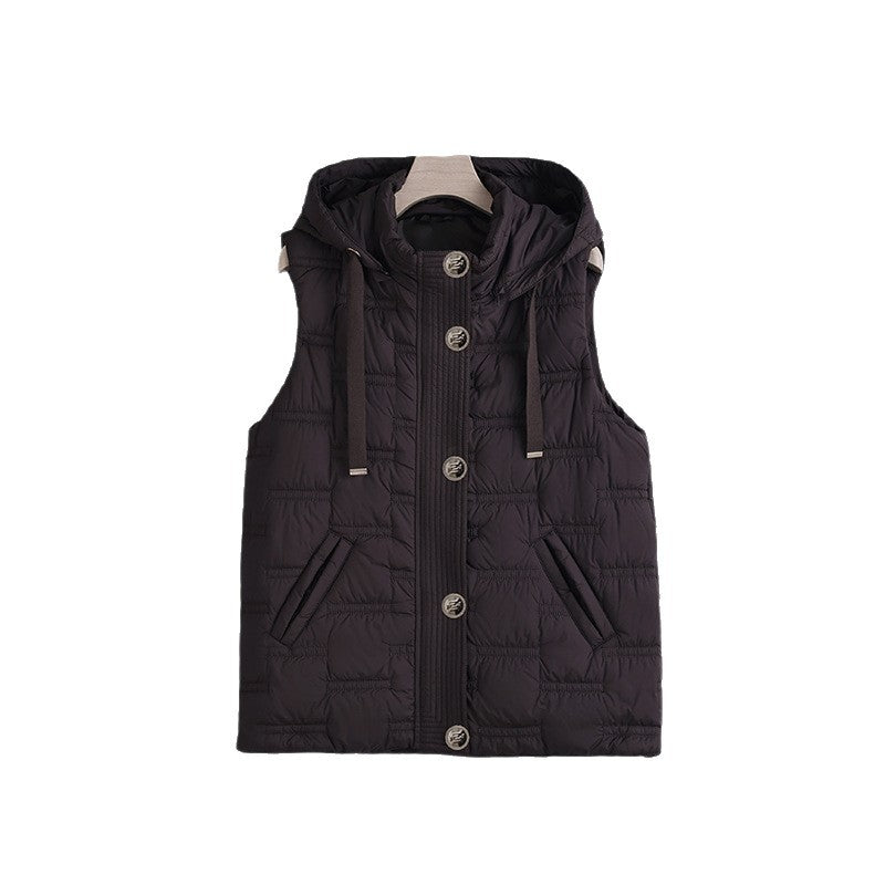 Women’s sleeveless quilted hooded vest with concealed button placket and welt pockets