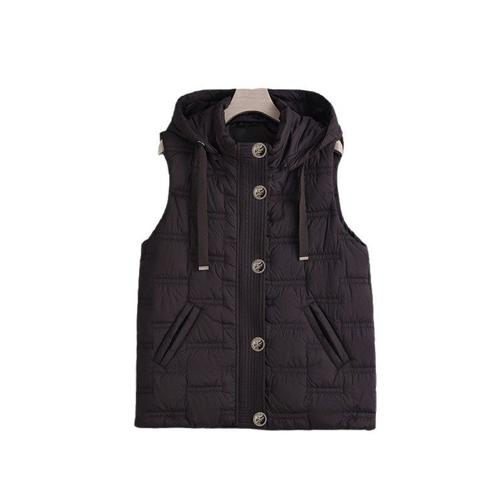 Women’s sleeveless quilted hooded vest with concealed button placket and welt pockets