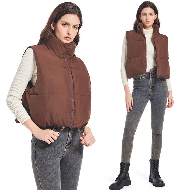 Women’s ultralight short quilted vest with a high stand collar and drawstring