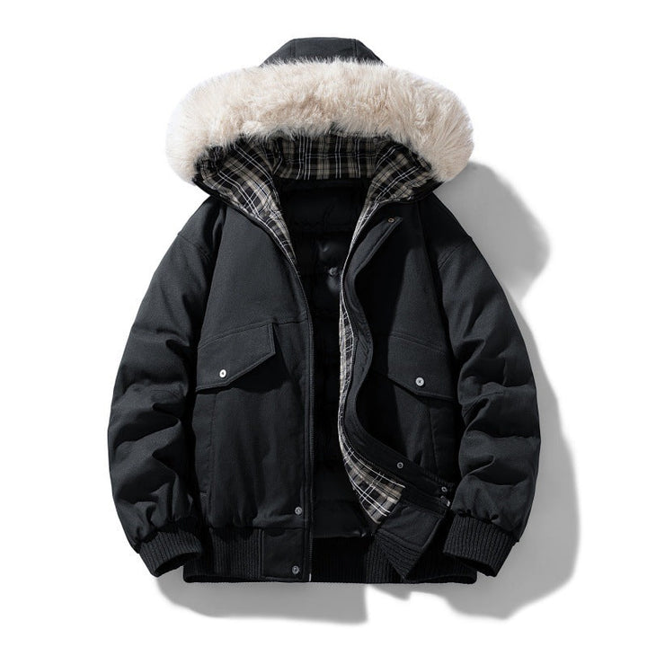 Men’s padded winter jacket with a hood and detachable faux-fur collar