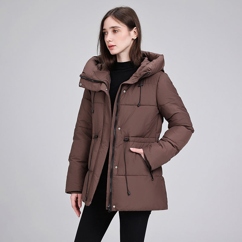 Women's padded hooded parka with an adjustable drawstring waist and ribbed cuffs