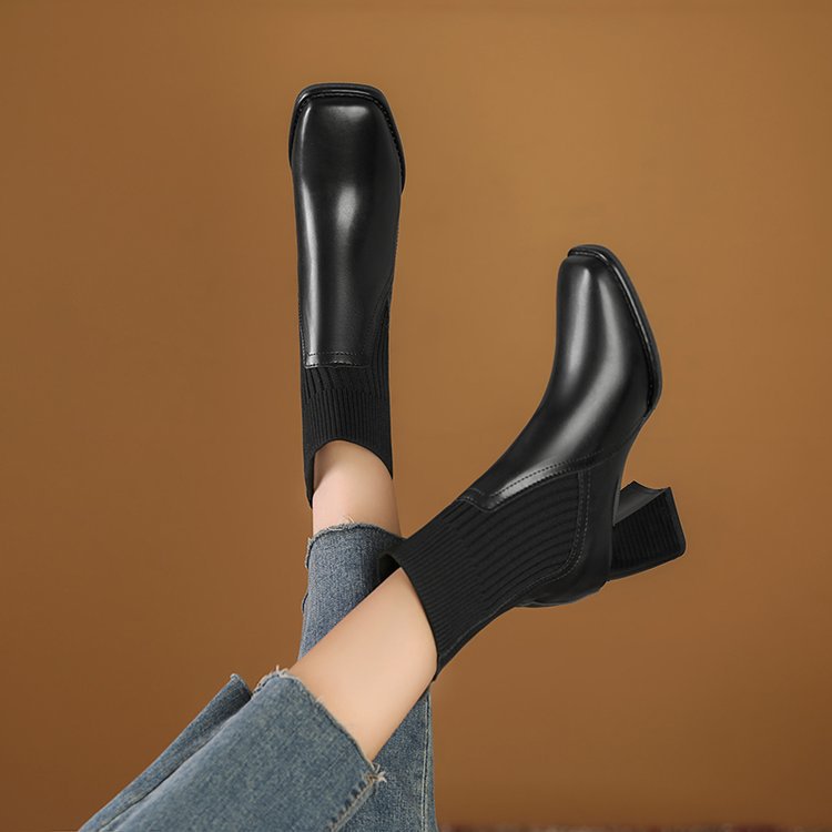 Women's chunky ankle boots with a knitted insert and sturdy heel