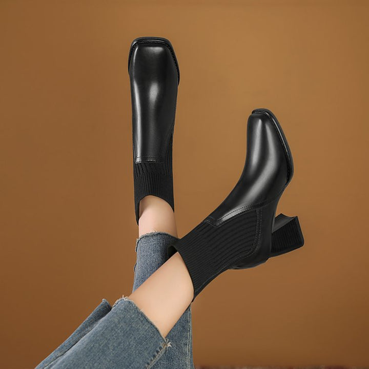 Women's chunky ankle boots with a knitted insert and sturdy heel