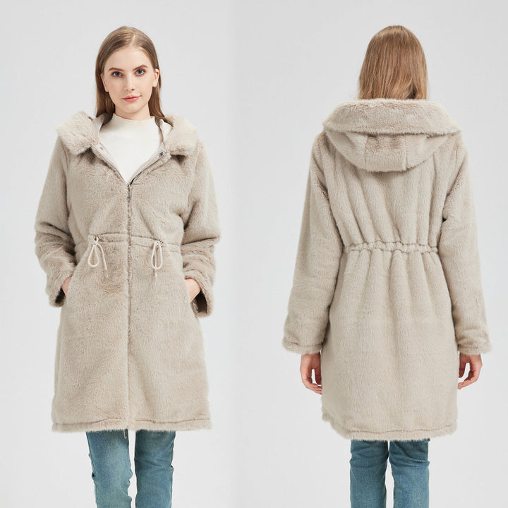 Women's long parka with detachable hood and adjustable waist drawstring