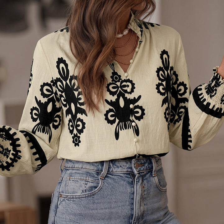 Women's V-neck long-sleeve blouse with buttons
