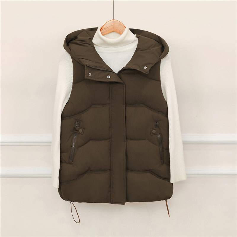 Women's padded hooded vest with drawstring and zippered pockets
