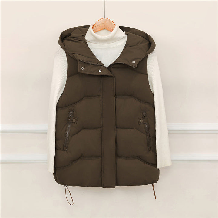 Women's padded hooded vest with drawstring and zippered pockets