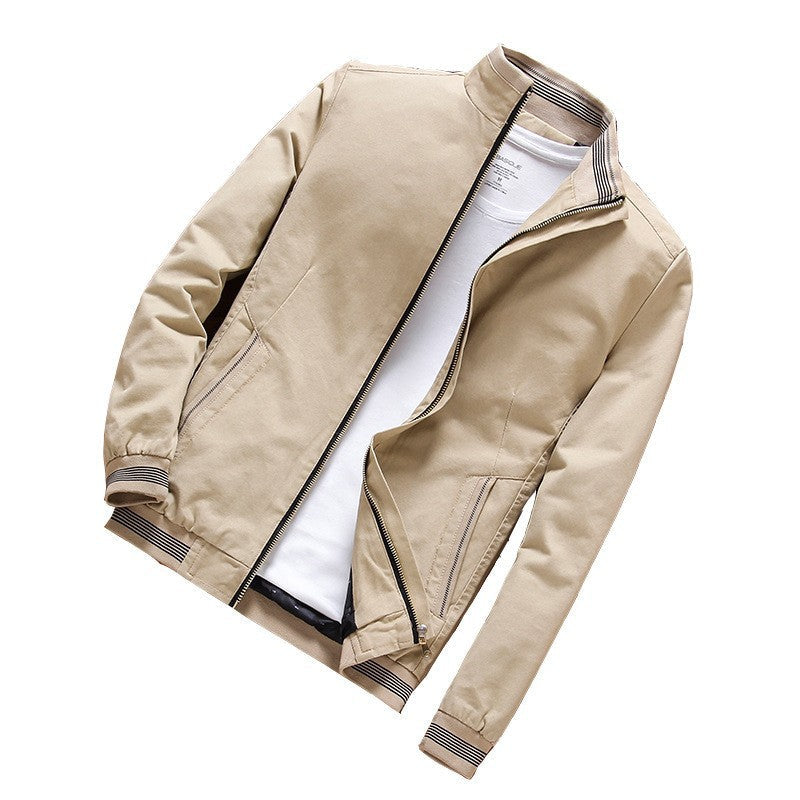 Men’s lightweight bomber-style jacket with a stand-up collar and striped ribbed cuffs