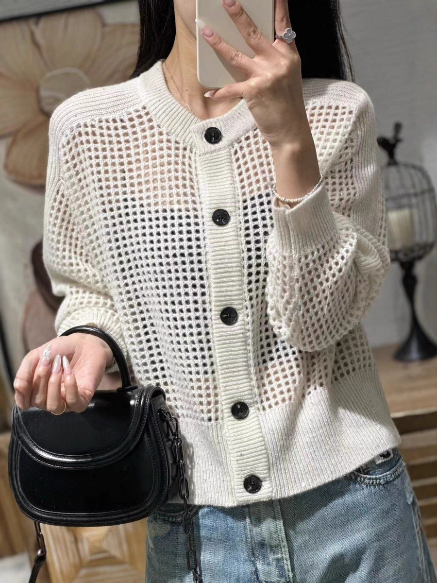 Women's mesh cardigan with a round neckline, button placket, and long sleeves