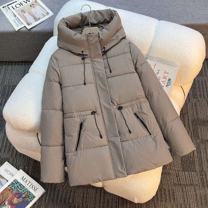 Women’s short padded hooded jacket with a high stand-up collar and drawstring