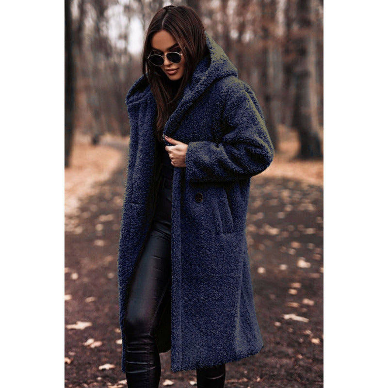 Women’s fluffy teddy coat with hood and buttons