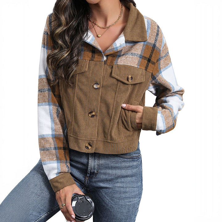Women's cropped jacket with checked sleeves and pockets
