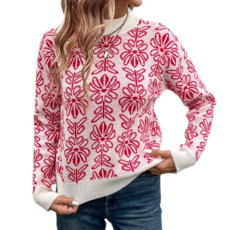 Women's round-neck sweater with floral pattern and ribbed cuffs