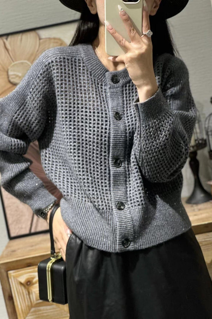 Women's mesh cardigan with a round neckline, button placket, and long sleeves