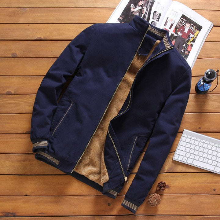 Men’s lightweight bomber-style jacket with a stand-up collar and striped ribbed cuffs