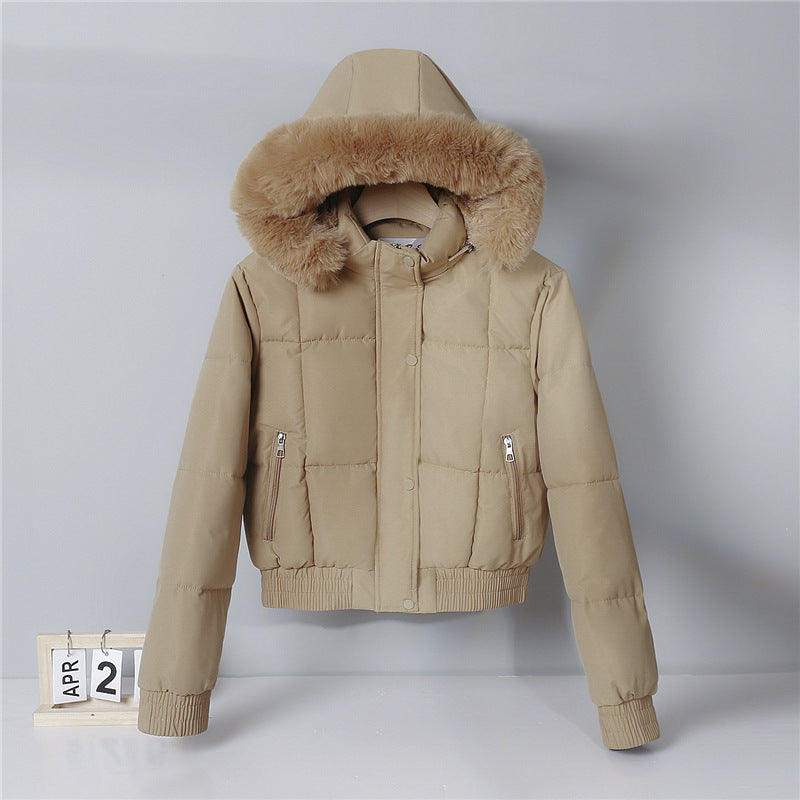 Women’s short insulated hooded blouson jacket with a fur-trimmed collar and elastic ribbed hem